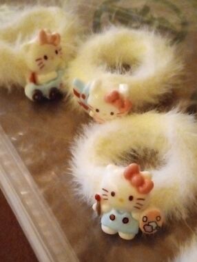 Sanrio Hello Kitty Fuzzy Hair Ties in White and Pink with Light Blue Accents